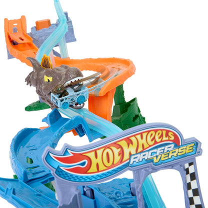 Hot Wheels Toy Car Track Set, RacerVerse Jurassic World Crash & Splash Playset with Die-Cast Velociraptor Vehicle, Dinosaur Race with Spinosaurus, JFP32
