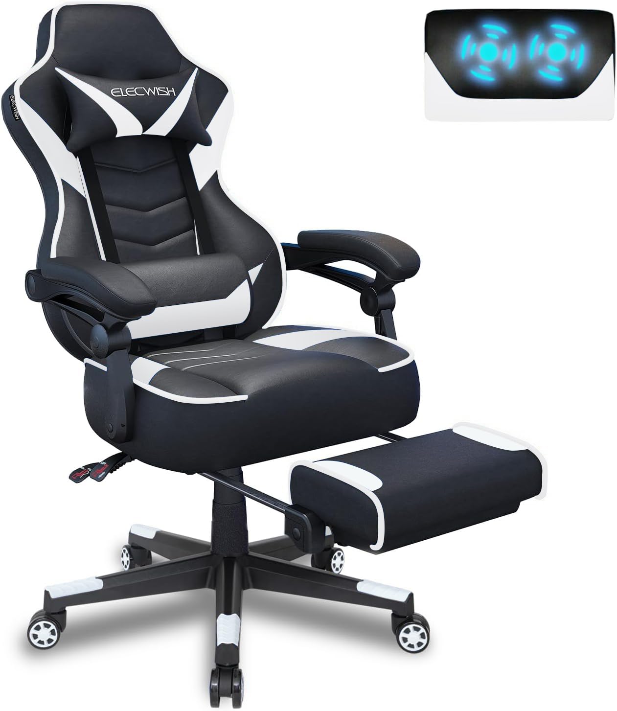 Fullwatt white gaming desk chair with high back, footrest, adjustable arms, swivel base, and PU leather for home office comfort