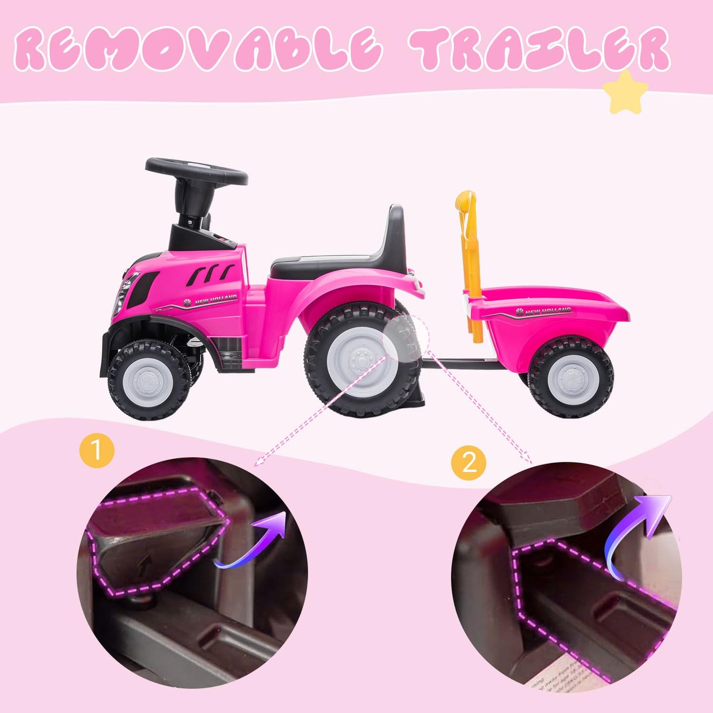 NINODOVAE Ride On Tractor, NEW HOLLAND Licensed car toy, Toddler Sliding Walker with Steering Wheel, horn music&lights for 12-36 months (Pink)