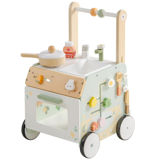 Robud wooden baby walker with adjustable height and speed, sensory play features, storage basket, and natural wood finish for toddlers