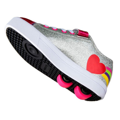 Silver rainbow heart Heelys boys sneaker with wheels, Heelys He100935 model, size 1 UK, featuring colorful design and casual style.