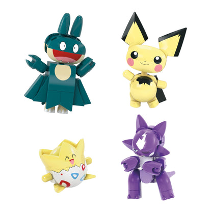 MEGA Pokémon Building Toys Set with 8 articulated characters, 189 pieces, ideal for kids, featuring vibrant colors and details.