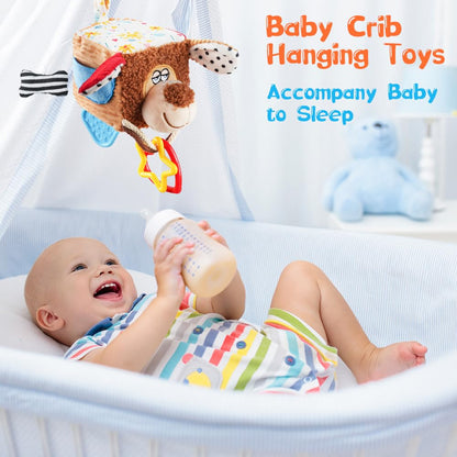 Aolso clip-on puppy sensory toy for pram, baby stroller, and crib, featuring hanging musical elements for newborn development.