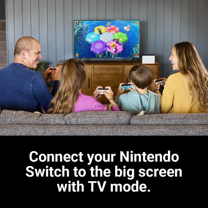 Nintendo Switch OLED model with neon blue and neon red Joy-Con controllers, showing the gaming console on a white background.