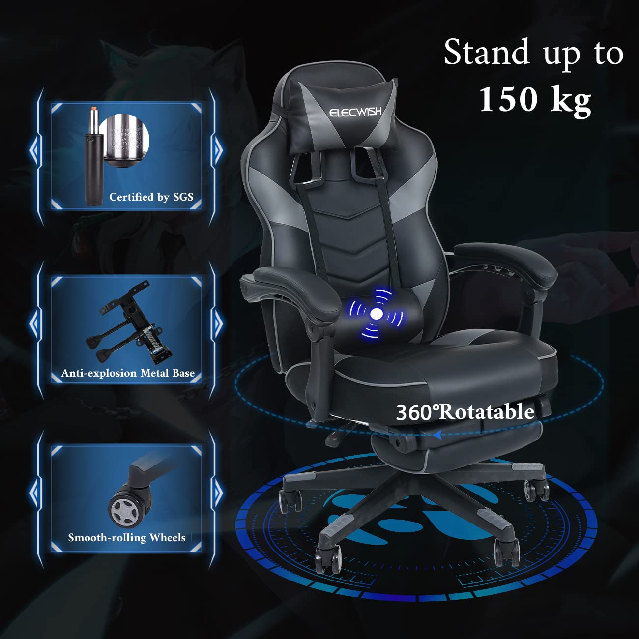 Grey PULUOMIS gaming chair with footrest, ergonomic design, headrest, lumbar support, and massage features for adult gamers.
