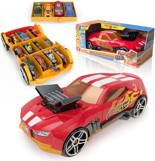 Hot Wheels Race N' Haul car storage case with retractable handle, holding up to 15 cars, shown in use.
