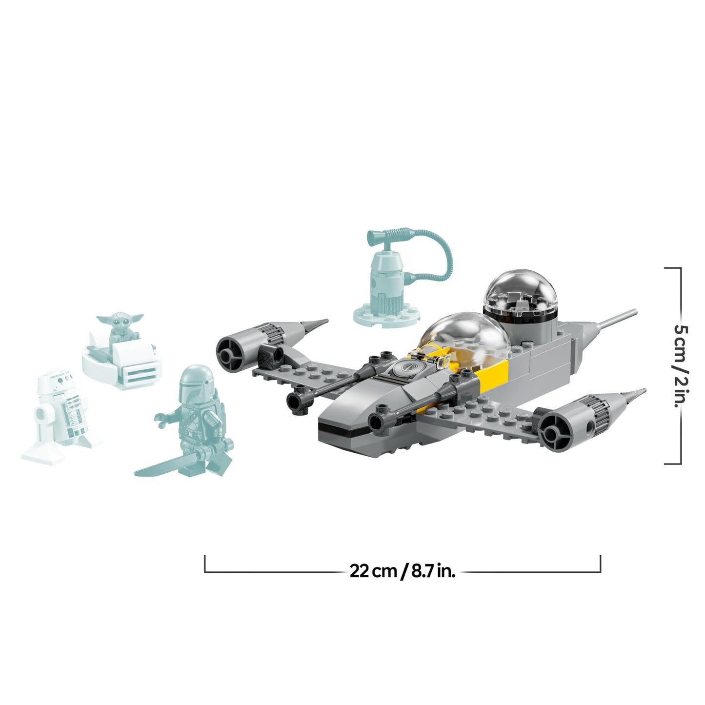LEGO Star Wars 75410 Mando and Grogu's N-1 Starfighter set with Mandalorian, Grogu, R5-D4 figures, and fueling station.