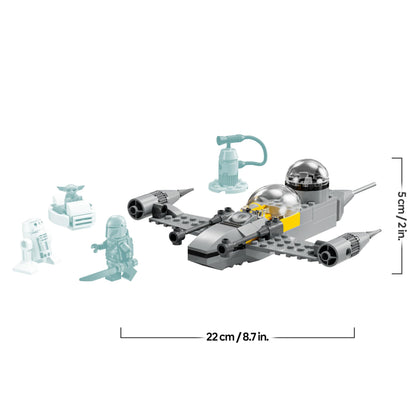 LEGO Star Wars 75410 Mando and Grogu's N-1 Starfighter set with Mandalorian, Grogu, R5-D4 figures, and fueling station.