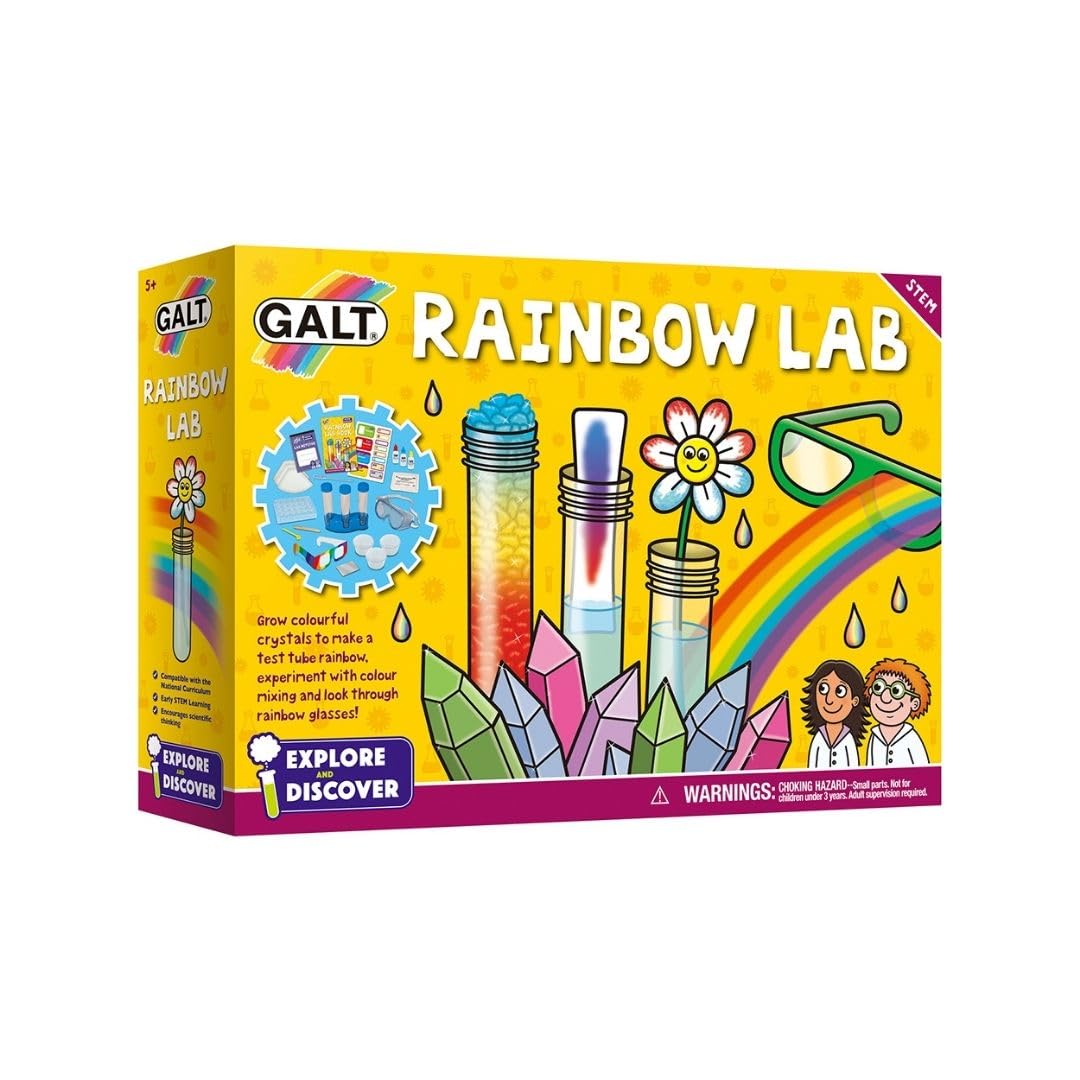 Galt Rainbow Lab children's science kit with colorful crystals, featuring 12 STEM experiments for kids ages 5 and up.