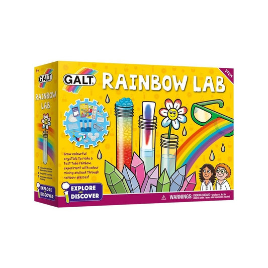 Galt Rainbow Lab children's science kit with colorful crystals, featuring 12 STEM experiments for kids ages 5 and up.