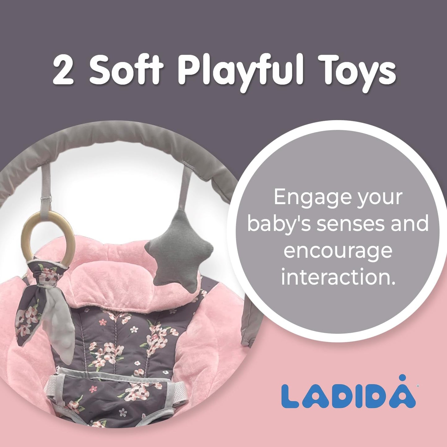 LADIDA Baby Bouncer with Soothing Music and Vibration, Adorable Plum Blossom Design, Suitable for Newborns（148）