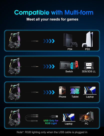 ONITOON lightweight gaming headset with removable cat ears, gradient RGB lighting, wired design, and noise-canceling microphone.