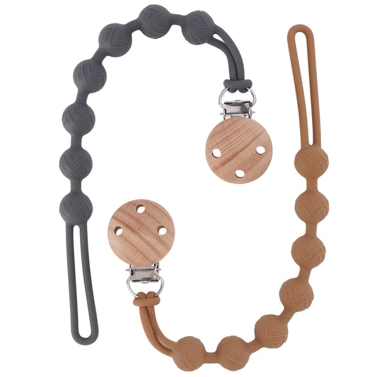 EYOGO silicone dummy clip for babies, one-piece pacifier and teether clip set in clay and dark grey with wooden accents.