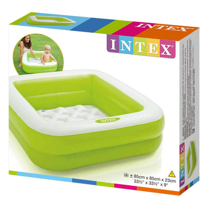 Intex inflatable square paddling pool, 86x86x25 cm, in random colors pink or lime green, suitable for kids' outdoor fun.