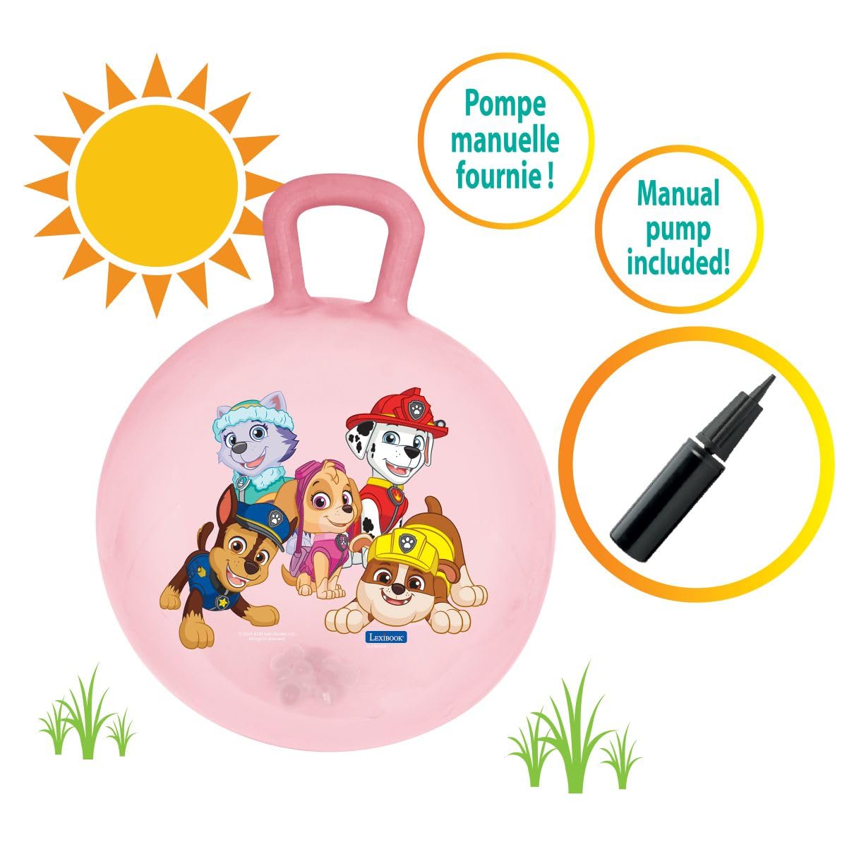 LEXIBOOK, Paw Patrol, Inflatable Hopper Ball, Chase, Marshall, Skye, Rubble, Everest, Manual pump included, Secure and durable plastics, Pink, BG040PAG