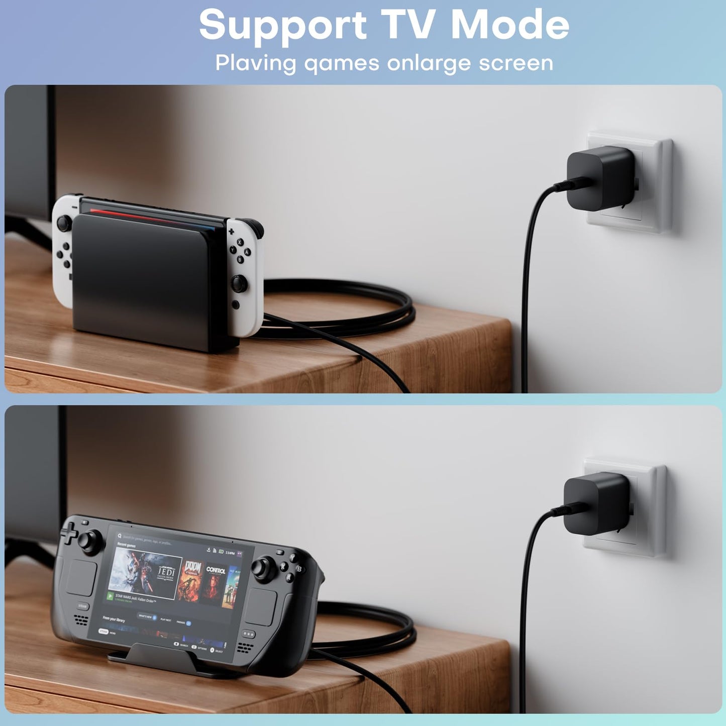 Gqohrt 60W Nintendo Switch charger with USB-C cable, compatible with Switch, OLED, Lite, Switch 2, and Steam Deck in TV dock mode