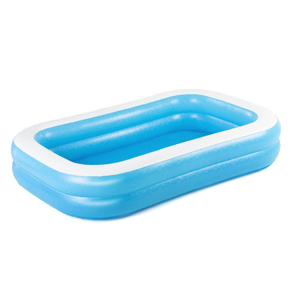 Bestway inflatable family paddling pool set up in a garden, filled with water, ready for outdoor fun.