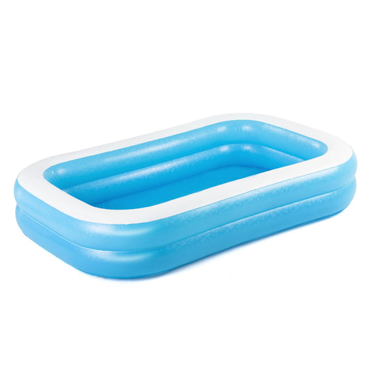 Bestway inflatable family paddling pool set up in a garden, filled with water, ready for outdoor fun.