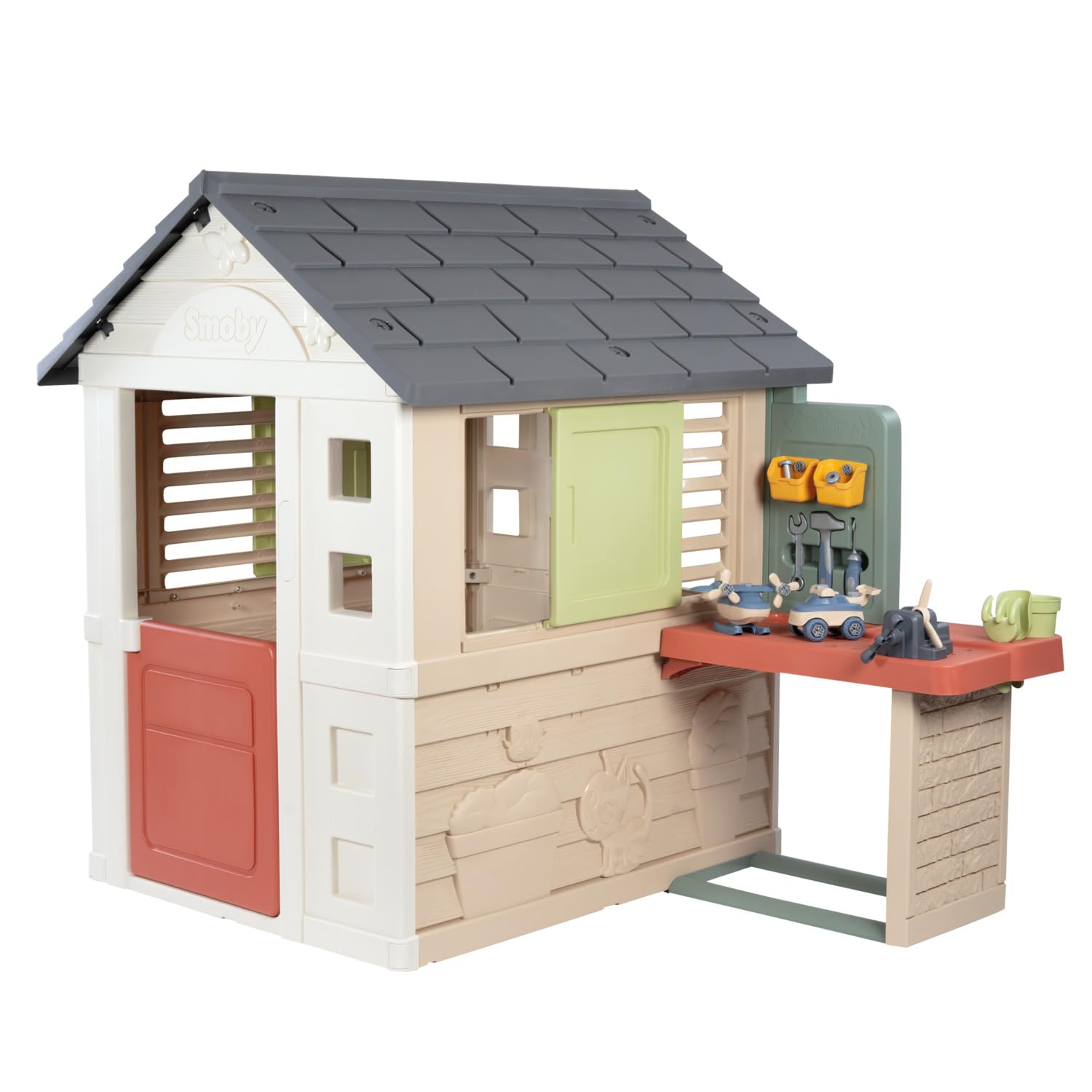Smoby Life Nature Playhouse with workshop area, featuring wooden design, windows, and outdoor play features for children.