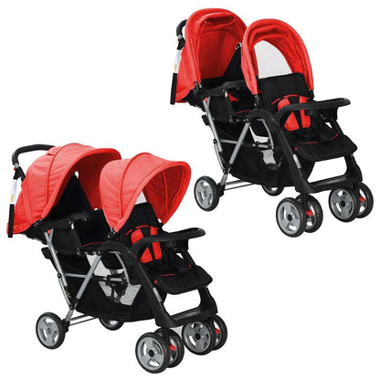 vidaXL Red and Black Steel Tandem Stroller - Dual-Seat, Sun-Protecting Canopies, Convenient Storage, Easily Manoeuvrable