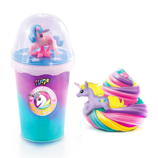 Colorful unicorn-themed slime in a collectible unicorn cup, stretchy and sensory-friendly slime toy for kids by So Slime.