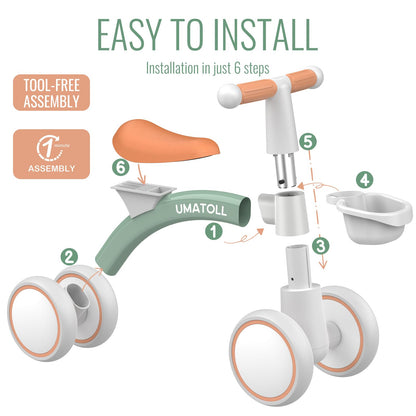 Green Umatoll baby balance bike for toddlers, featuring a removable basket and adjustable seat, designed for 1-year-olds.