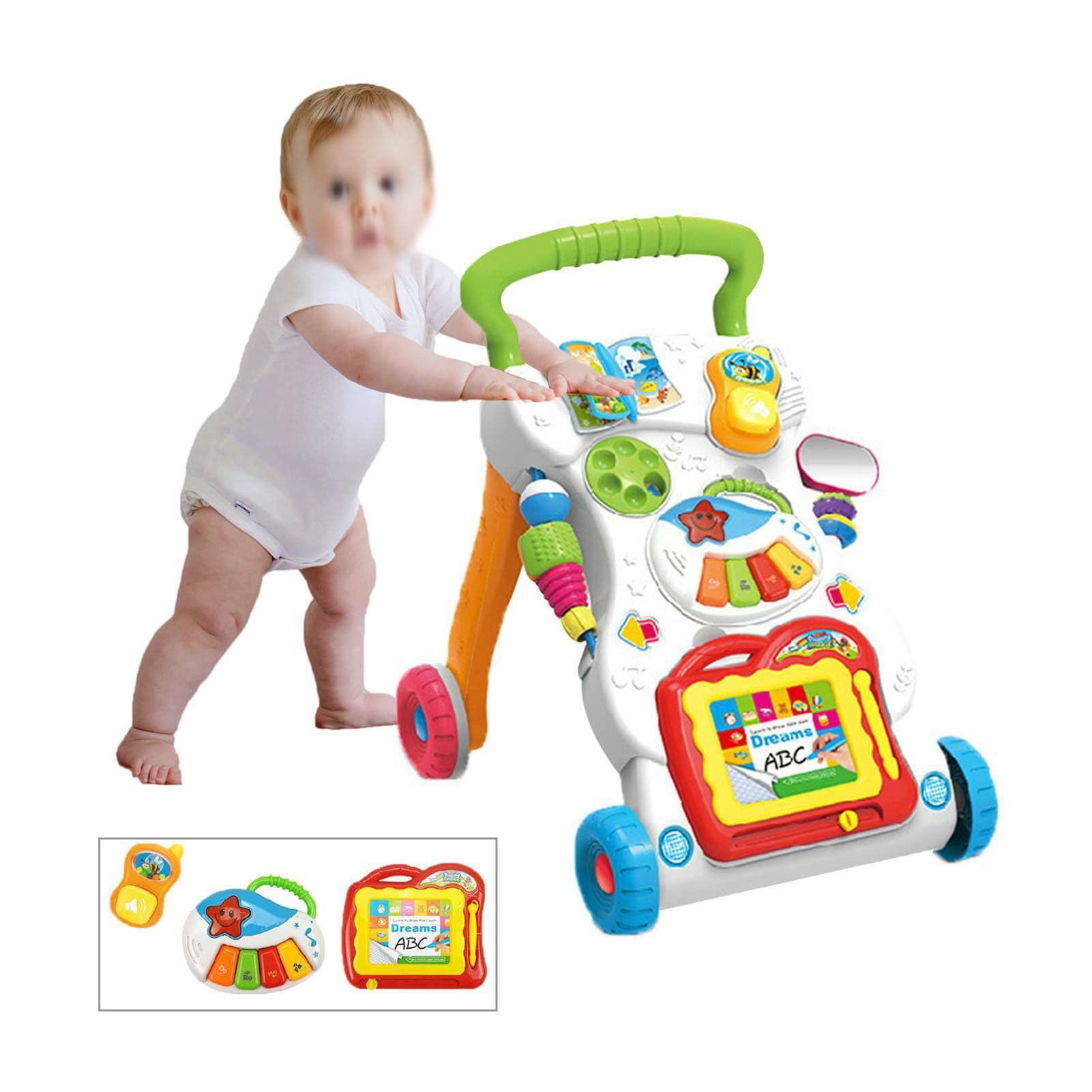 Queiting Baby Walker with musical toys and car activity center, designed for toddler's first steps and active play.
