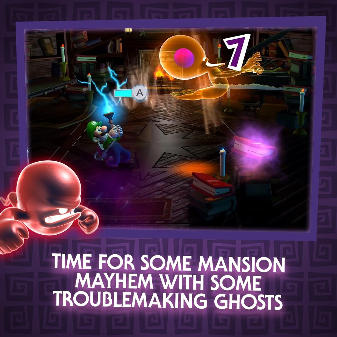 Nintendo Luigi's Mansion 2 HD game cover art with spooky mansion and ghost characters in a dark, eerie setting.