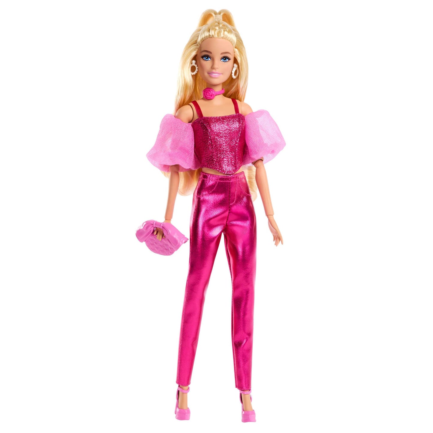 Barbie Deluxe Style Doll #5 in Metallic Pink Outfit, Blonde Hair, Sparkly Corset Top and Shiny Pants with Accessories like Rose Necklace and Handbag, JFP40