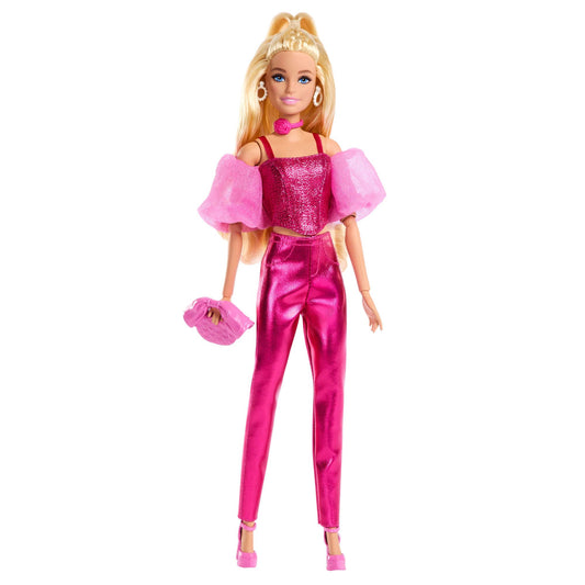 Barbie Deluxe Style Doll #5 in Metallic Pink Outfit, Blonde Hair, Sparkly Corset Top and Shiny Pants with Accessories like Rose Necklace and Handbag, JFP40