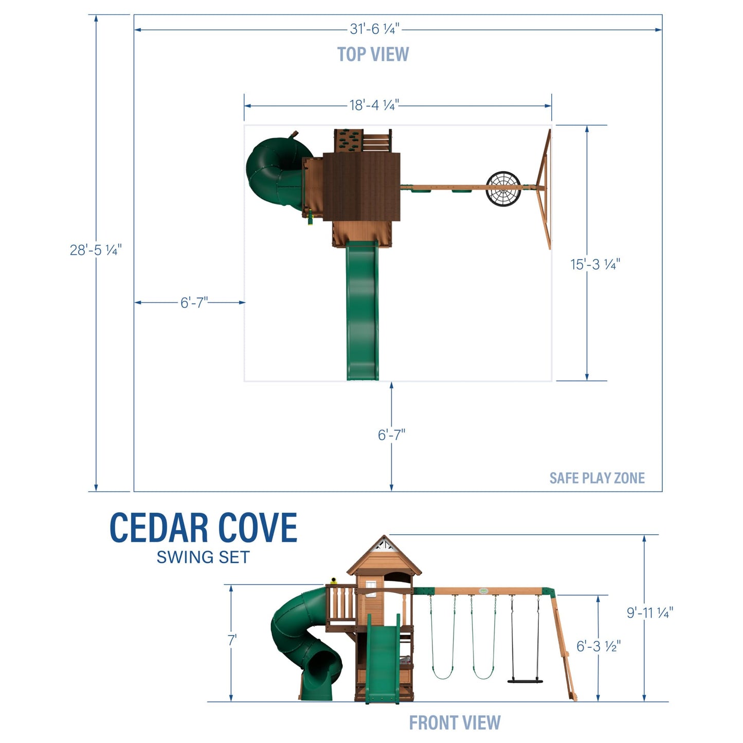 Backyard Discovery Cedar Cove cedar wood swing set with wave slide, climbing rock wall, web disc, and belt swings in a garden setting.