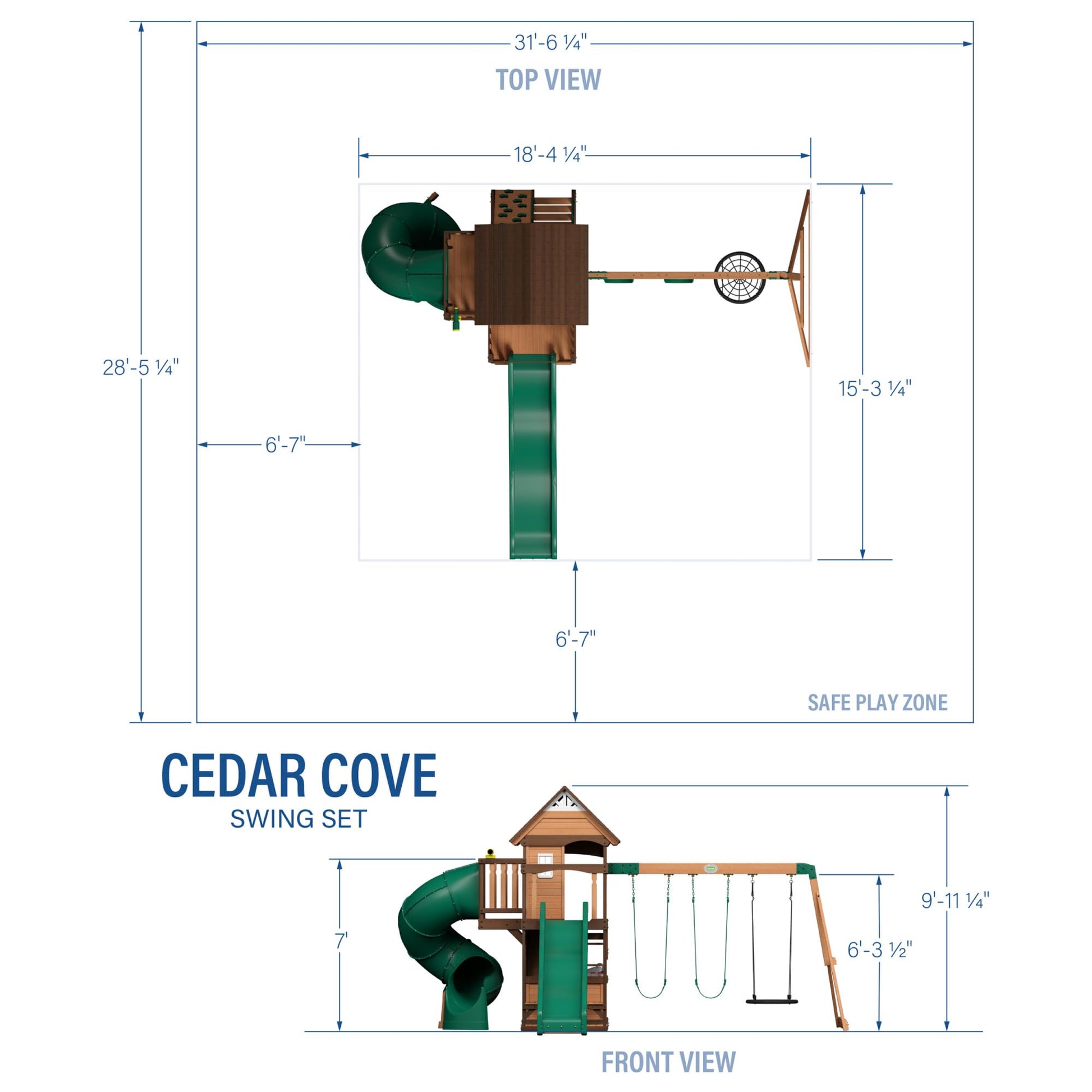 Backyard Discovery Cedar Cove cedar wood swing set with wave slide, climbing rock wall, web disc, and belt swings in a garden setting.