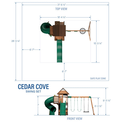 Backyard Discovery Cedar Cove cedar wood swing set with wave slide, climbing rock wall, web disc, and belt swings in a garden setting.