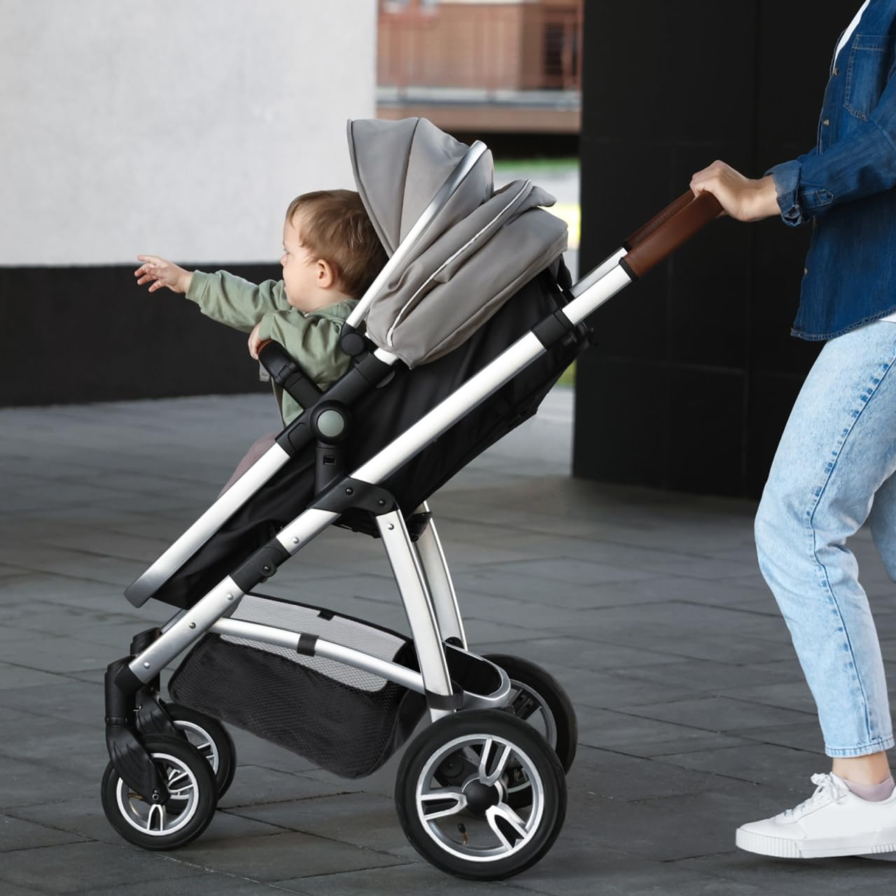 VICASKY baby stroller bottom storage basket in black attached to pushchair for convenient shopping and travel organization