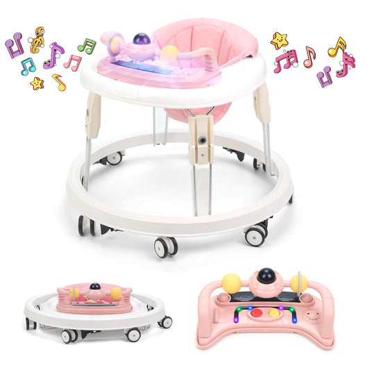 Pink Pioncrey baby walker with foldable design, music tray, light, 7 adjustable heights, anti-rollover, suitable for all terrains.