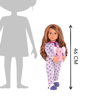 Our Generation Maria fashion doll in pink pyjama onesie holding an elephant plush toy, posable doll with realistic features.