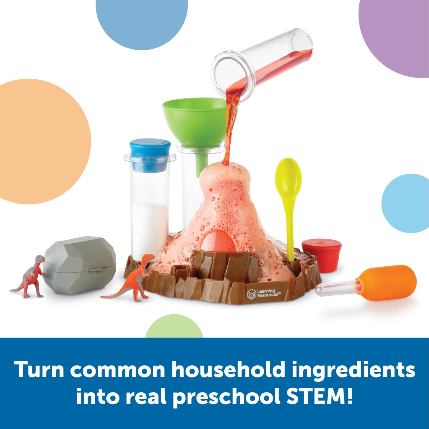 Learning Resources Fizzy Volcano Science Lab Set with 13 pieces, featuring foamy reactions and STEM chemistry experiments for kids.