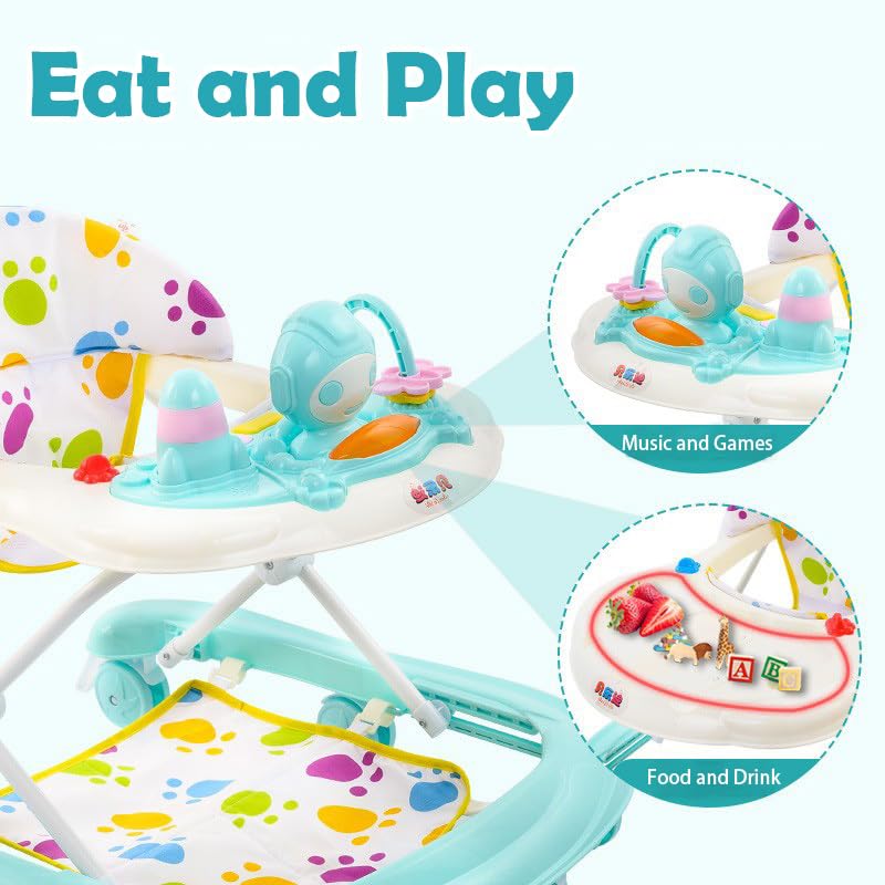 Ccarzzi baby walker for ages 6-18 months with foldable design, music, toys, food tray, adjustable heights, and removable seat cushion.