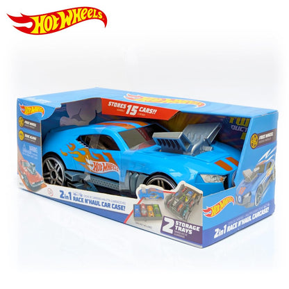 Hot Wheels 2in1 Race N' Haul car storage case with retractable handle, holds up to 15 cars, featuring a sleek design.