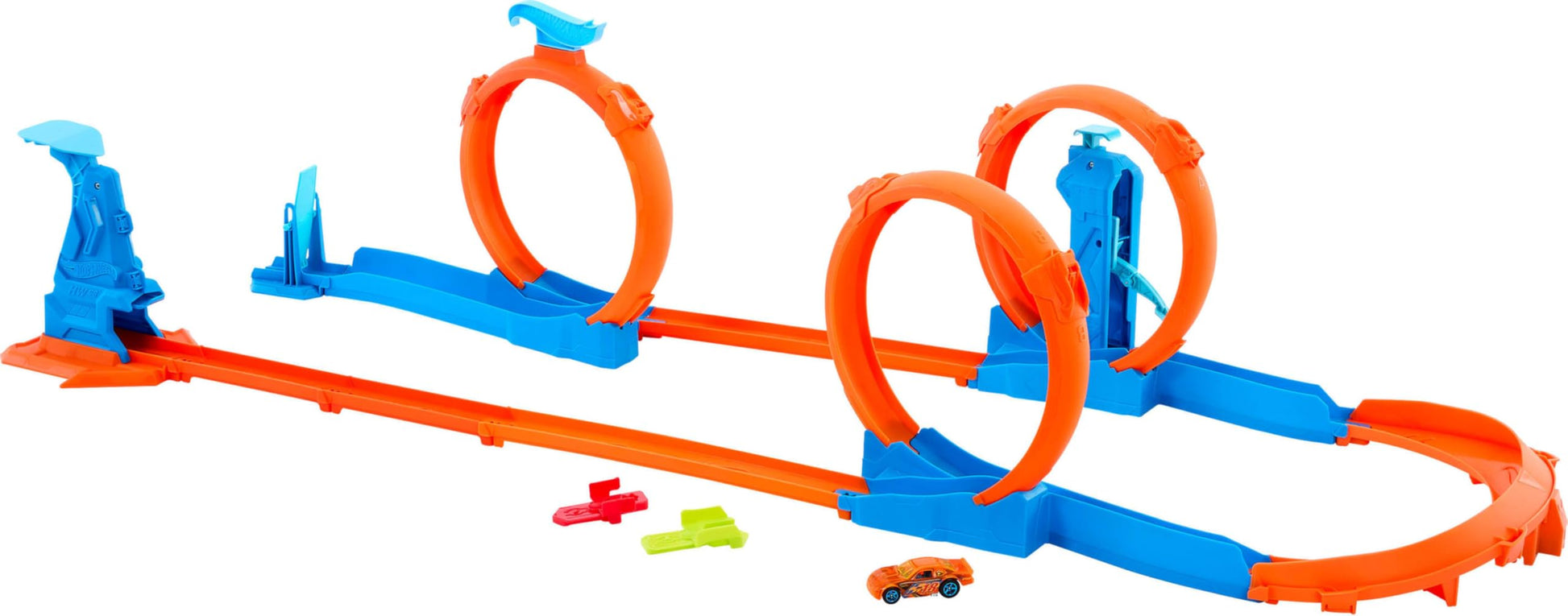 Hot Wheels toy car track set featuring triple loops, speed snap tracks, and 1:64 scale vehicle components.