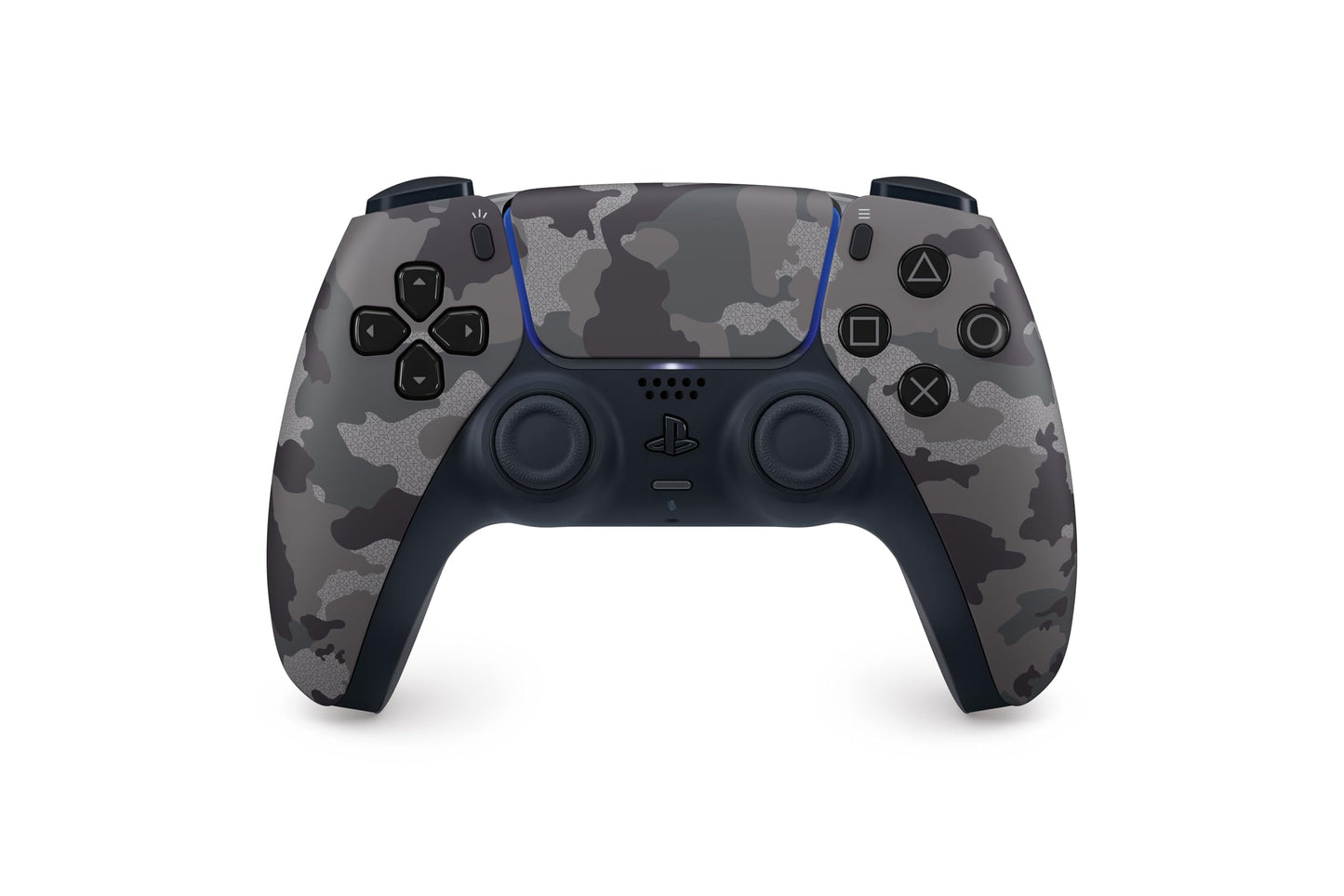 Gray camouflage Sony PlayStation 5 DualSense wireless controller with ergonomic design and textured grips.