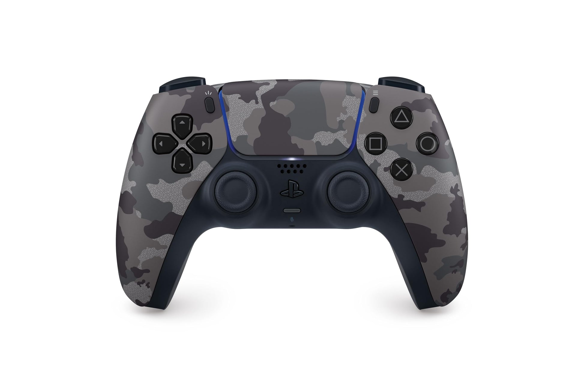 Gray camouflage Sony PlayStation 5 DualSense wireless controller with ergonomic design and textured grips.