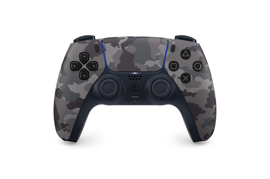 Gray camouflage Sony PlayStation 5 DualSense wireless controller with ergonomic design and textured grips.