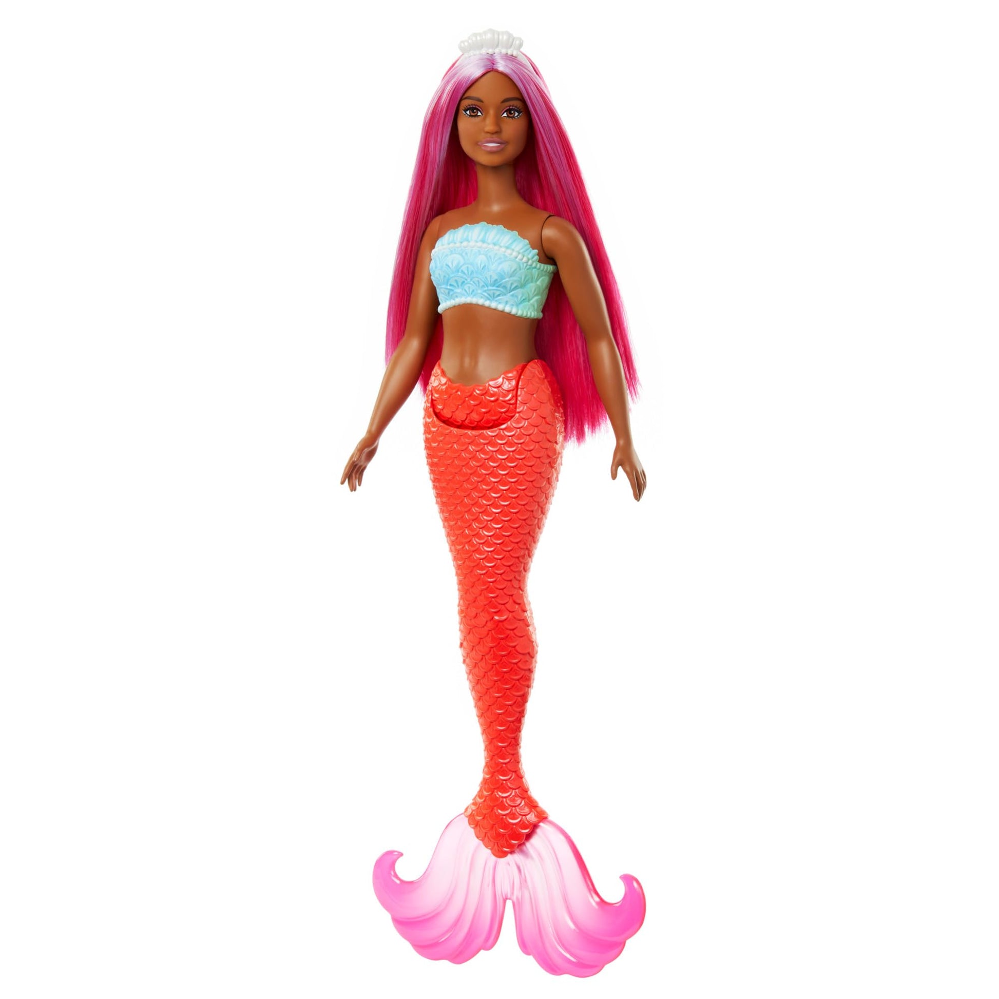 Barbie mermaid doll with magenta hair, shell bodice, tropical red tail, and headband accessory, featuring a curvy body type.