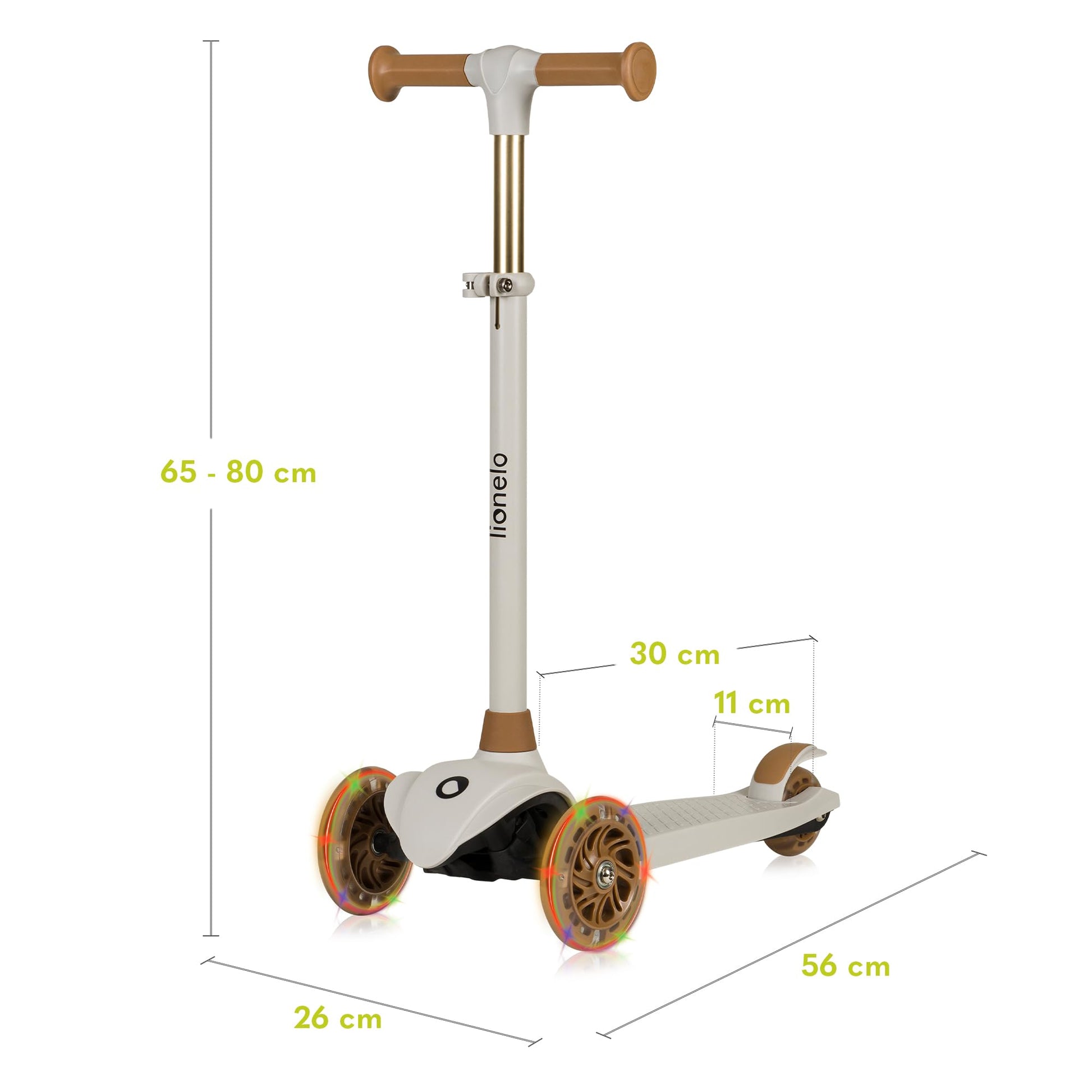 LIONELO JESSY kids scooter with LED light-up wheels, height adjustable, non-slip platform, and lightweight design.