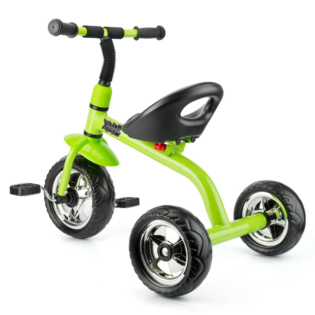 Xootz tricycle for kids, featuring easy clip design and portable structure, shown in a colorful outdoor setting.
