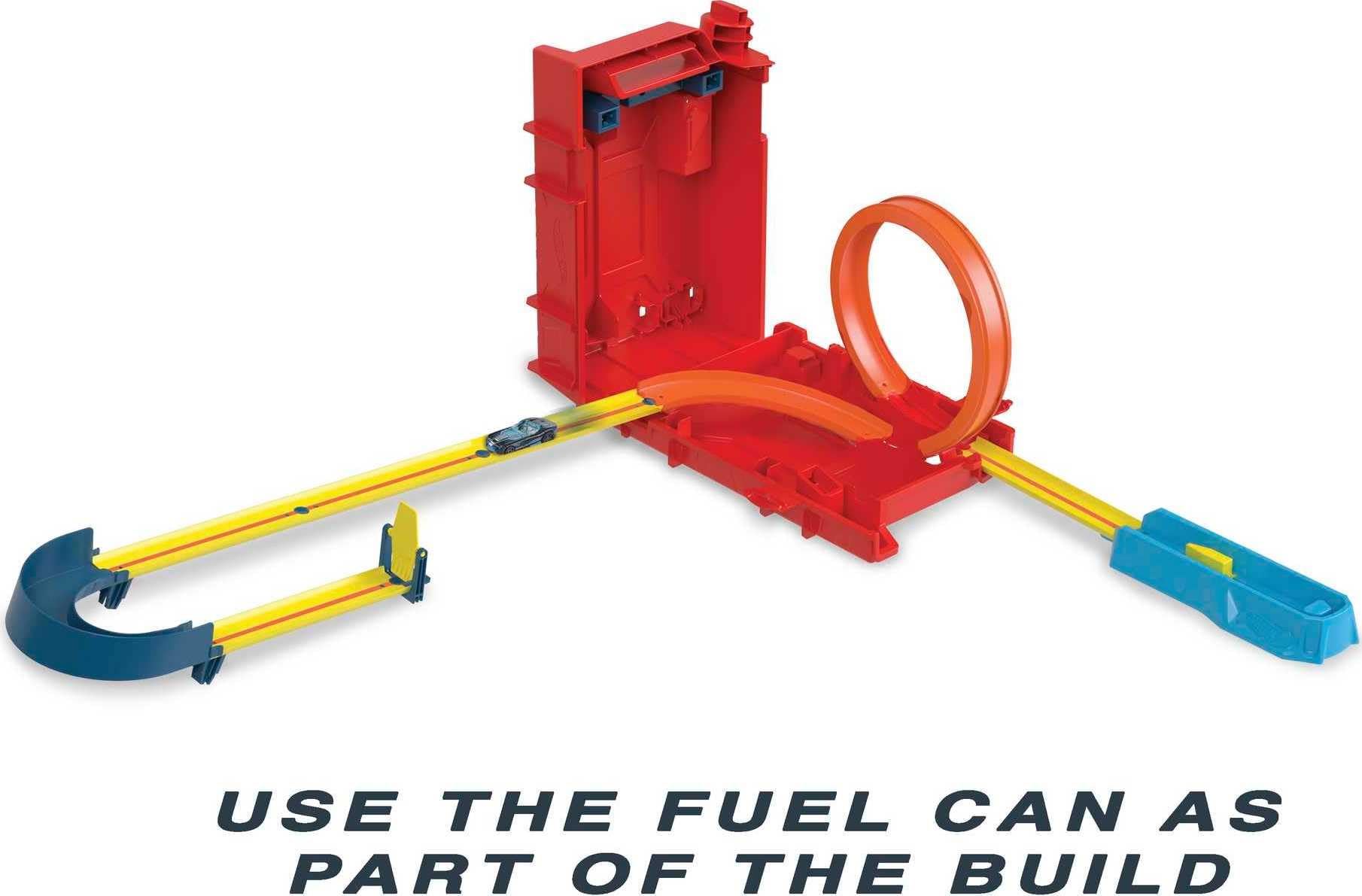 Hot Wheels Track Builder Unlimited Fuel Can Stunt Box with track pieces and toy cars for ages 6 to 12.