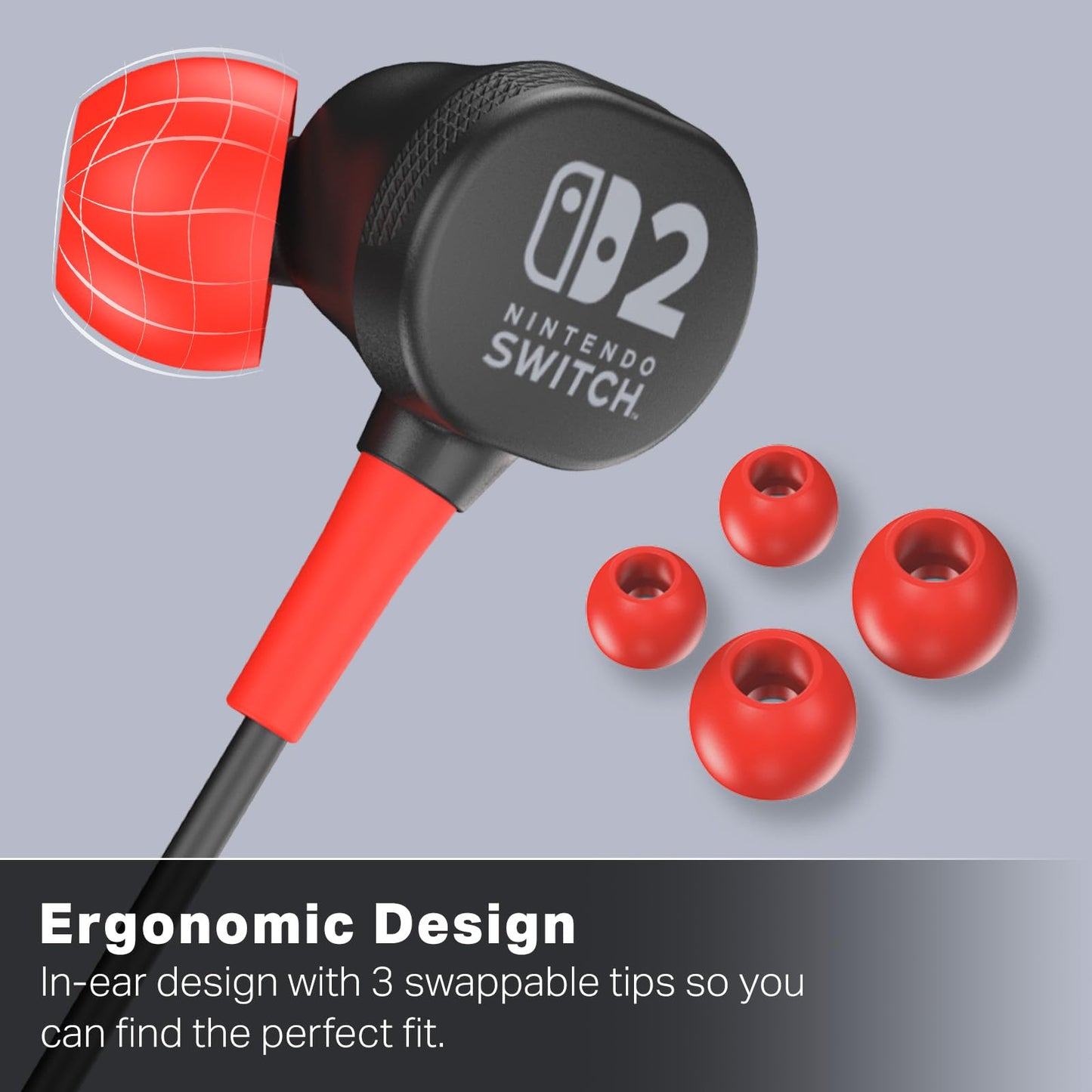 PowerA wired earbuds for Nintendo Switch 2 in black with in-ear design, 8mm speakers, swappable tips, and storage bag.