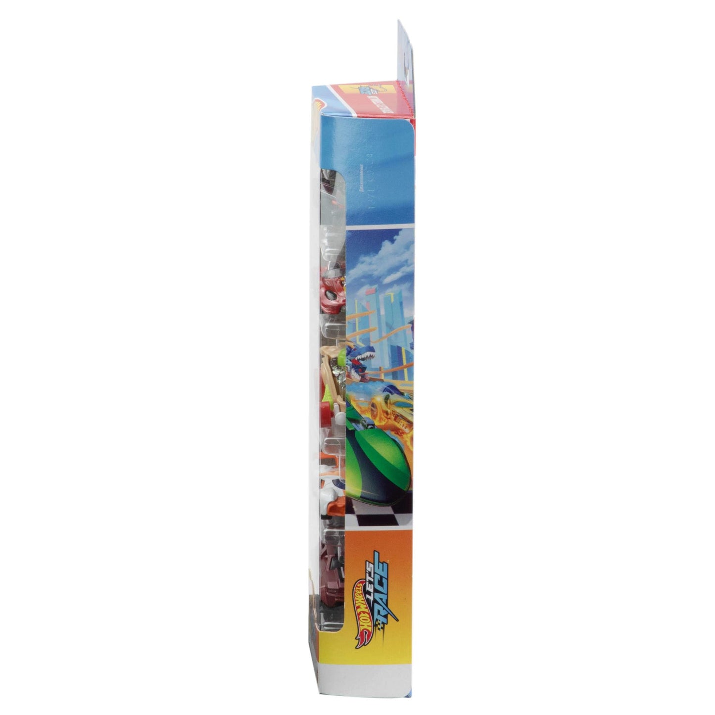 Set of 5 Hot Wheels 1:64 scale die-cast toy cars from the animated series Let’s Race, showcasing vibrant designs.