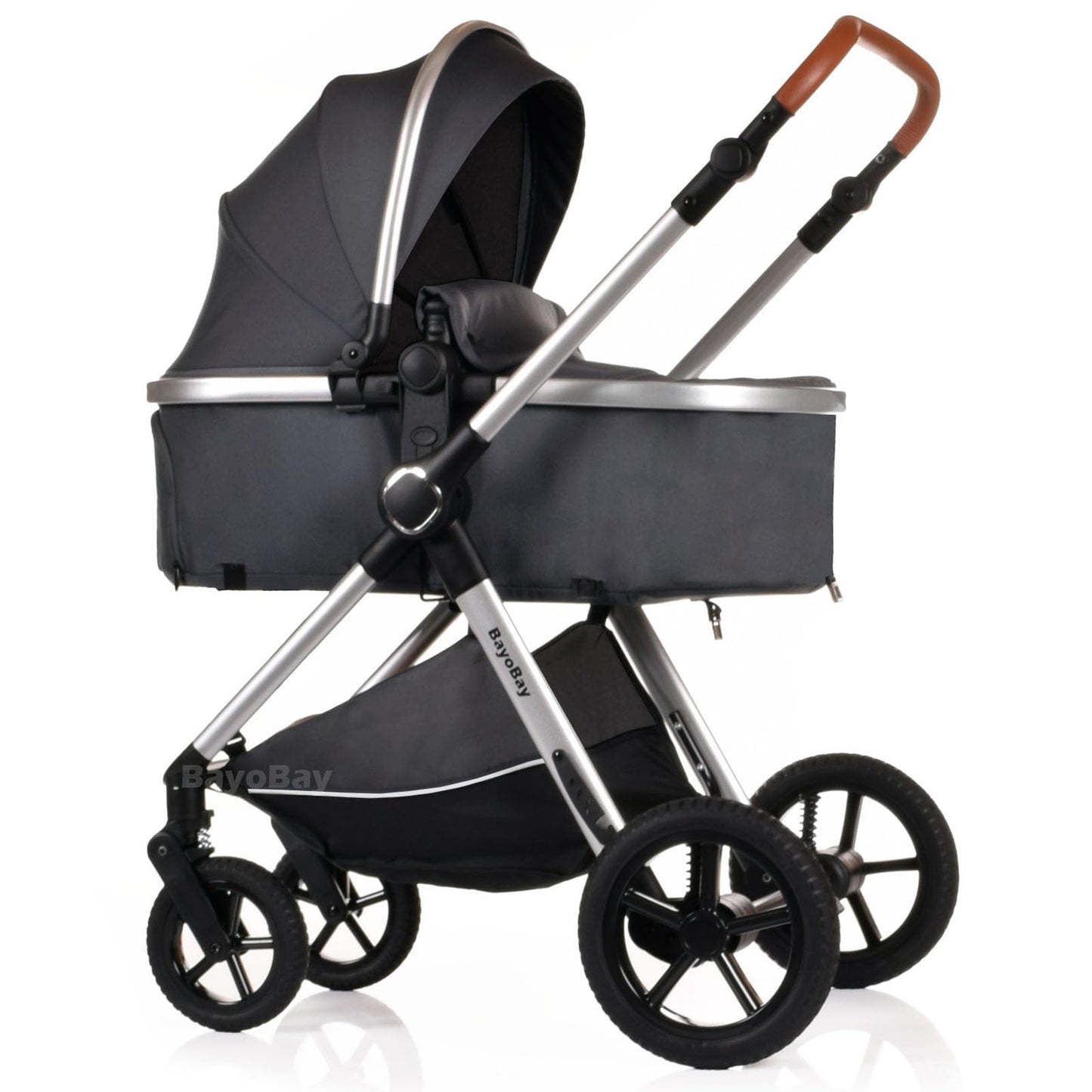 BayoBay 3-in-1 baby stroller with car seat and carrycot, lightweight grey silver pram for newborns and toddlers, foldable travel system